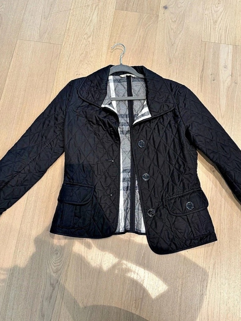Burberry Quilted Limited Edition Metallic Plaid-Lined Jacket in Black Like New